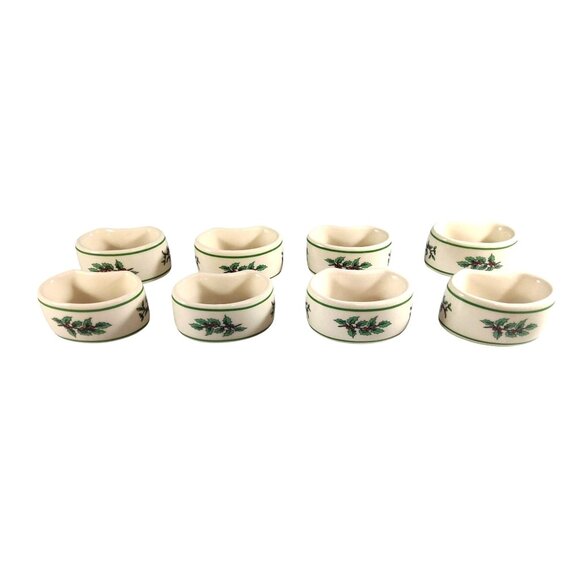 Vintage Spode Holiday Holly Ceramic Napkin Rings Set of 8 Made In Taiwan - Picture 1 of 8